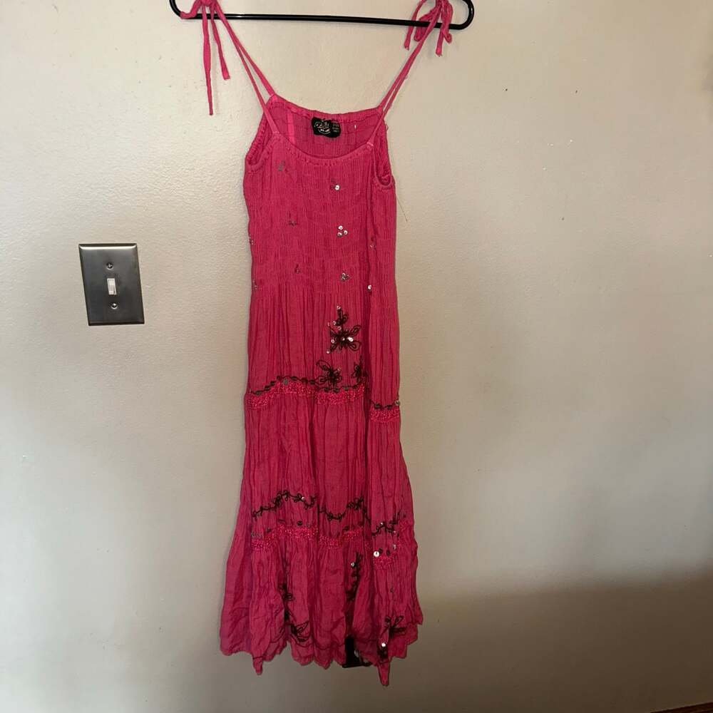 Vintage smocked bodice hot pink midi dress one size